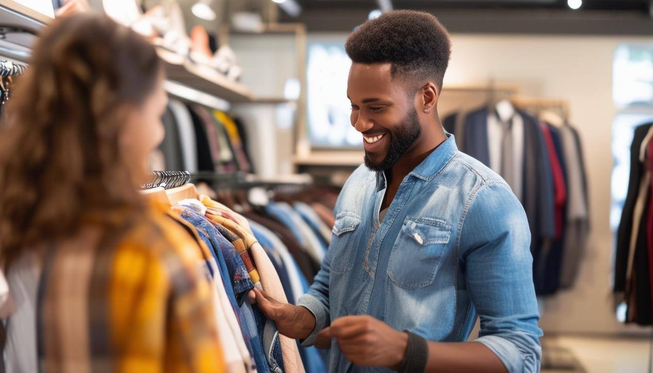 clothing store employee showing customer new clothing line and customer is happy