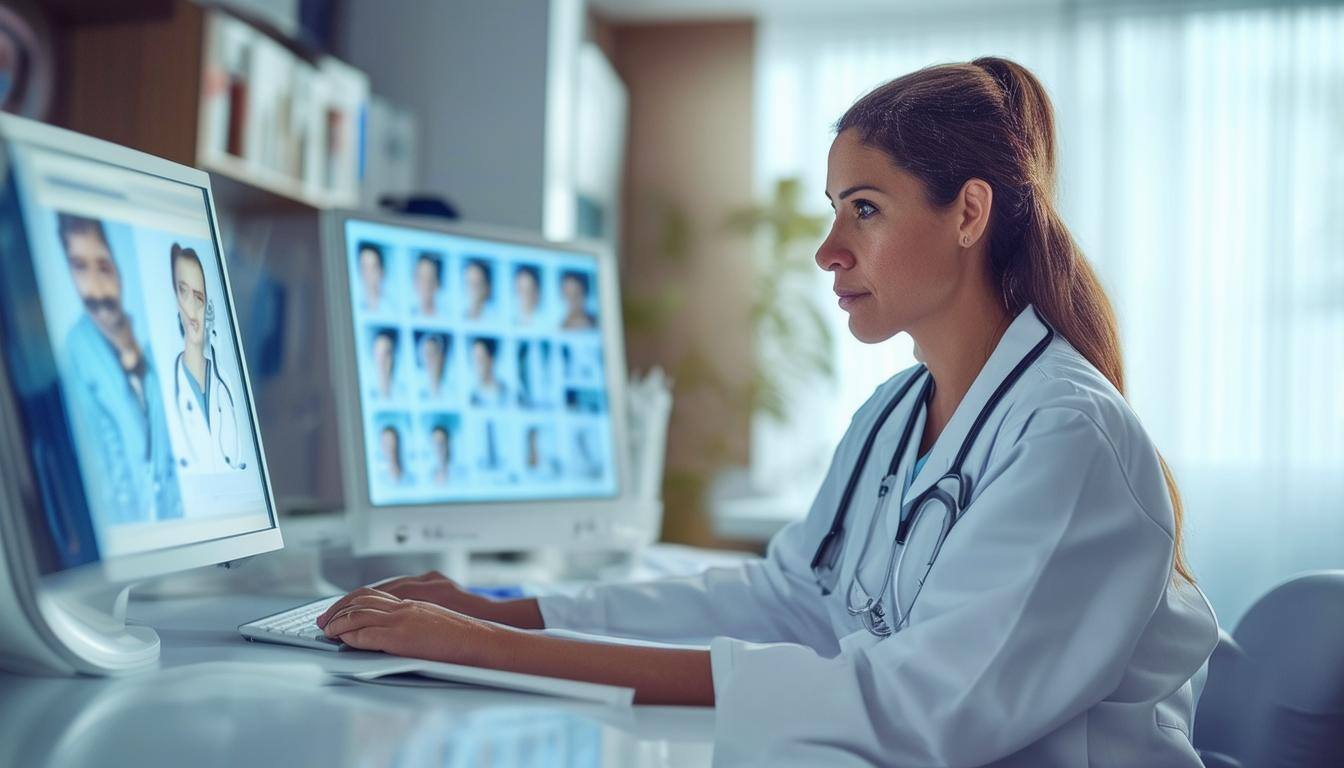 nurse reviewing patient care on computer screen