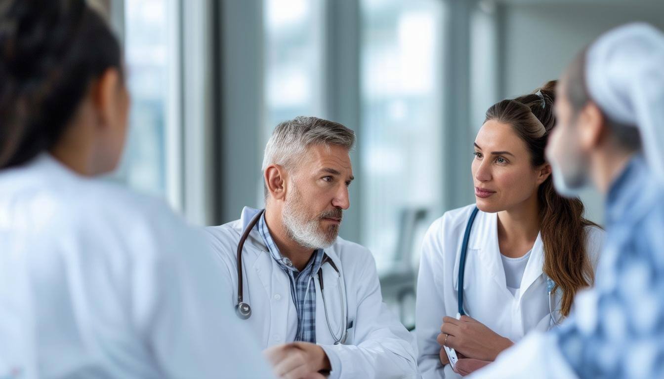 pharma worker meeting with hospital team about better patient care