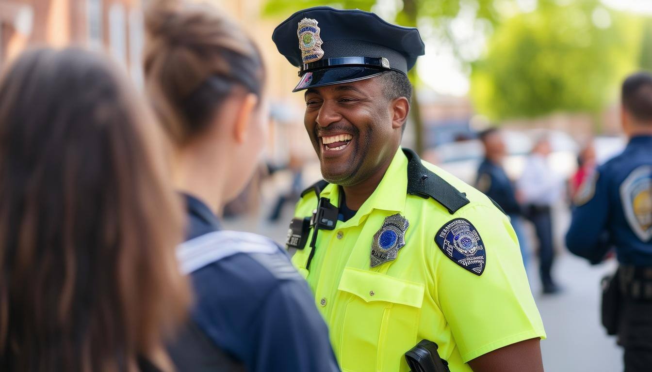 police officer talking to happy public