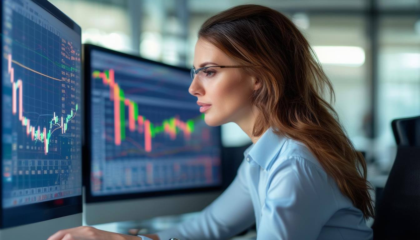 professional female analyzing finance data on a computer screen