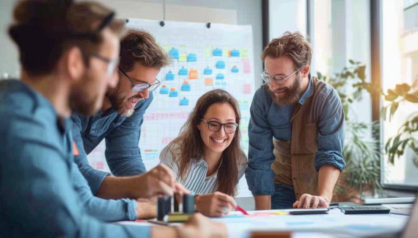 team of professionals happy and working on a project agile board