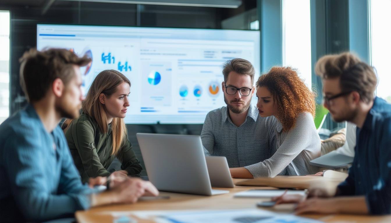 team reviewing a software solution in conference room